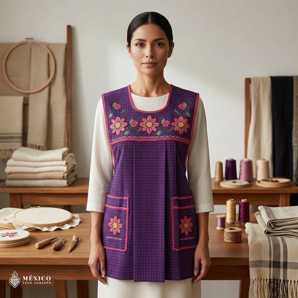 Traditional Mexican Cross-Stitch Embroidered Apron – Deluxe Artisan Smock Style